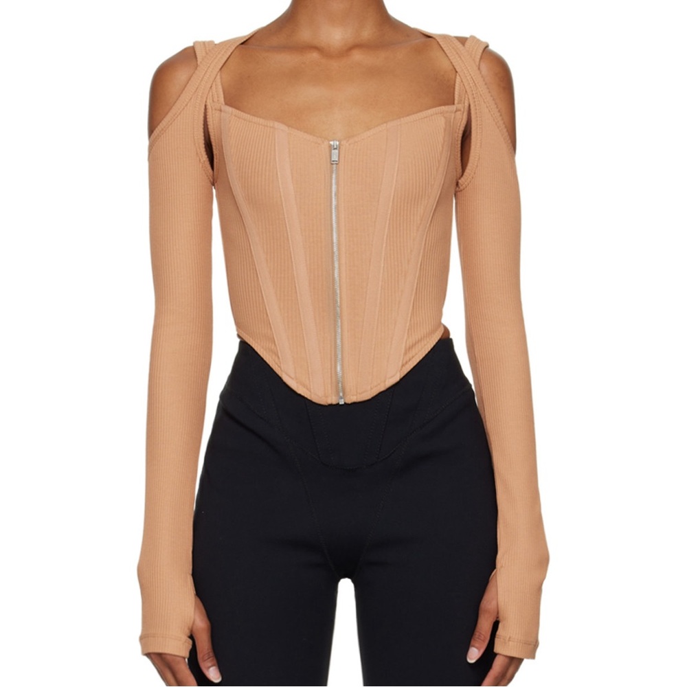 Dion Lee XXS (US 0) Tan Corset Style Long Sleeve Top with Zipper | from SSENSE